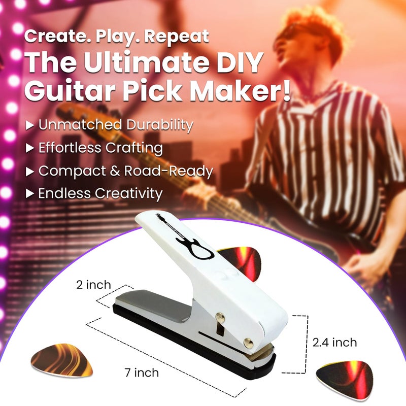 Pick-a-Palooza DIY Guitar Pick Punch Gift Pack - Premium Pick-Maker with Leather Key Chain Holder, 4 Strips and a File - White - Image 3